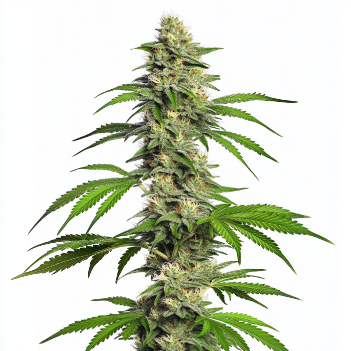 Girl Scout Cookies Autoflower cannabis plant with dense, frosty buds and green leaves, topped with orange pistils and glistening trichomes.