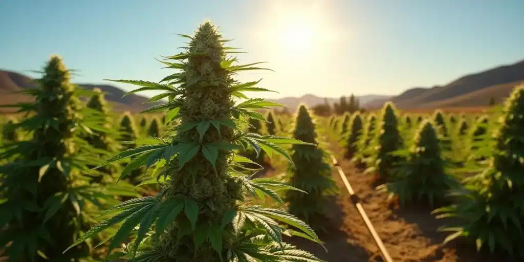 Lush Steve's Alien OG cannabis plants thriving outdoors under bright sunlight in a mountain valley.