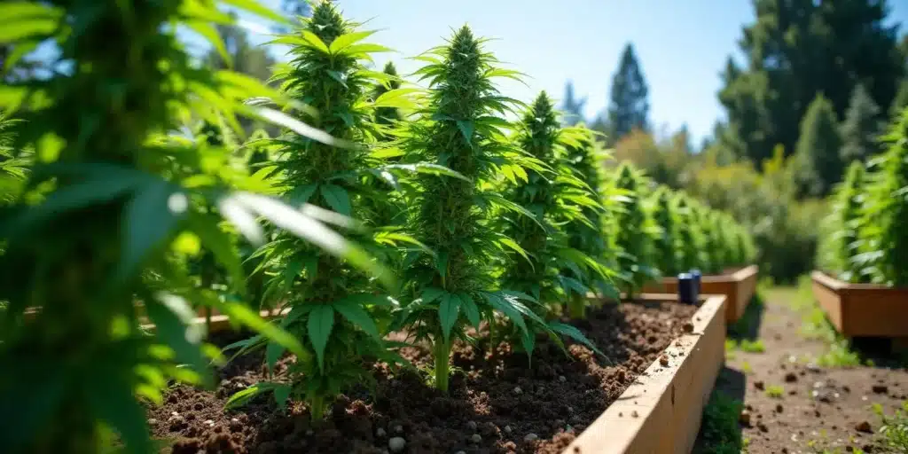 Healthy Steve's Alien OG cannabis plants growing outdoors in raised garden beds with rich soil.