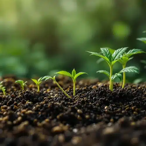 Young cannabis seedlings emerging from nutrient-rich soil with a blurred green background.