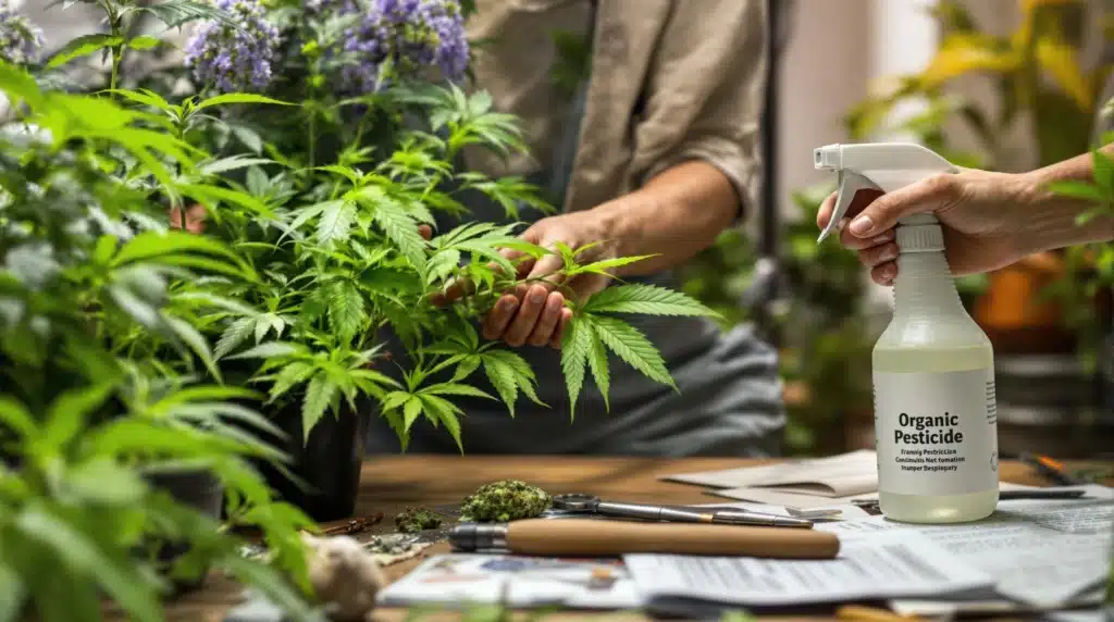 Hands holding cannabis plant while applying organic pesticide with spray bottle on a wooden table.