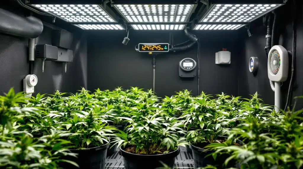 Cannabis plants thriving under high-intensity LED lights in a high-tech grow room.