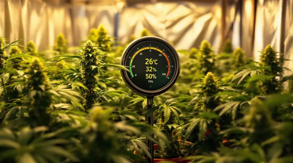 Digital thermometer displaying 26°C, 32% humidity in a cannabis grow room surrounded by healthy green plants.