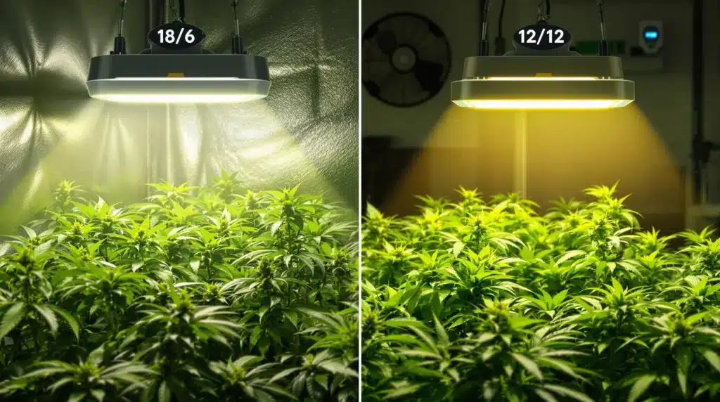 Cannabis plants under 18/6 and 12/12 lighting cycles with LED grow lights.