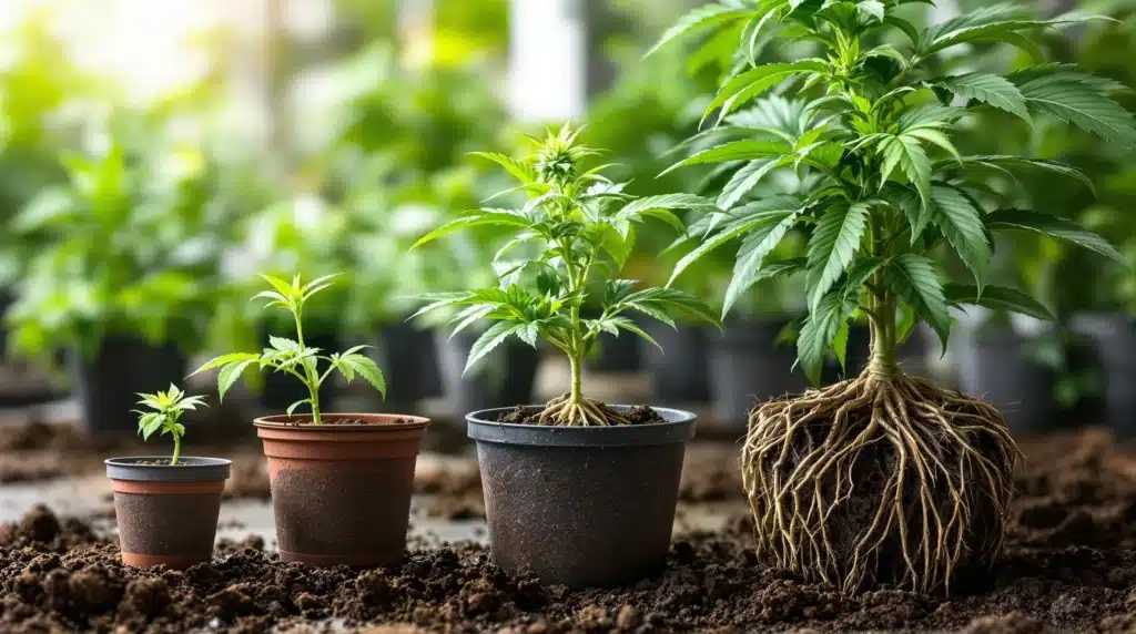 Cannabis plant growth stages from seedling to mature plant with visible roots.