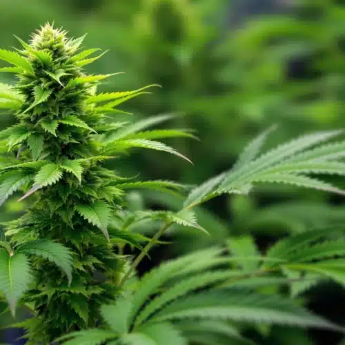 Macro shot of a cannabis flower covered in trichomes with surrounding green leaves.