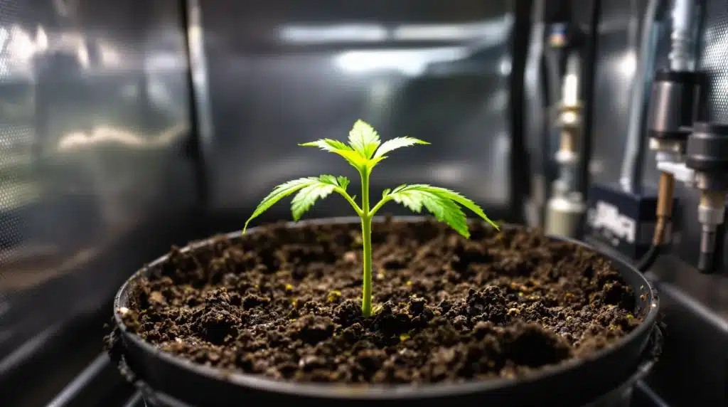Close-up of a dense, mature cannabis bud with healthy green leaves in an indoor grow setup.