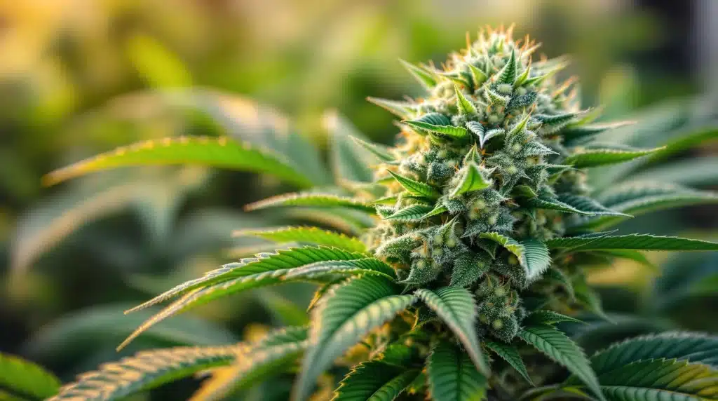 Tall cannabis plant with multiple dense colas and healthy green foliage.