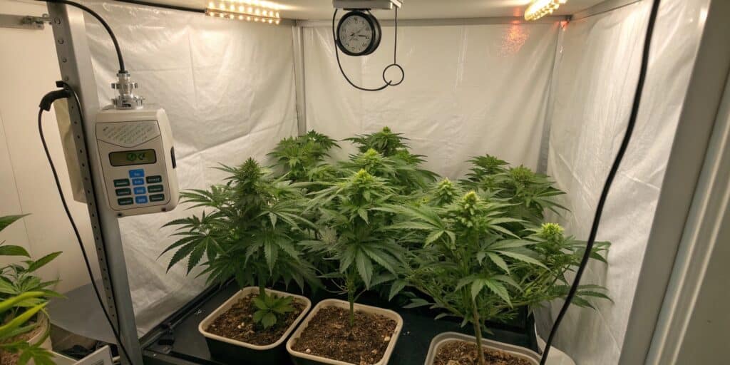 A professional indoor cannabis grow tent with multiple healthy plants under LED lights and environmental controls.