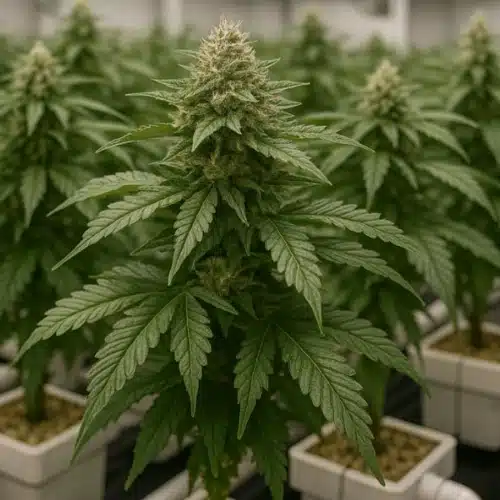 Dense hydroponic cannabis plants growing in rows of white pots with drip irrigation in a controlled indoor environment.