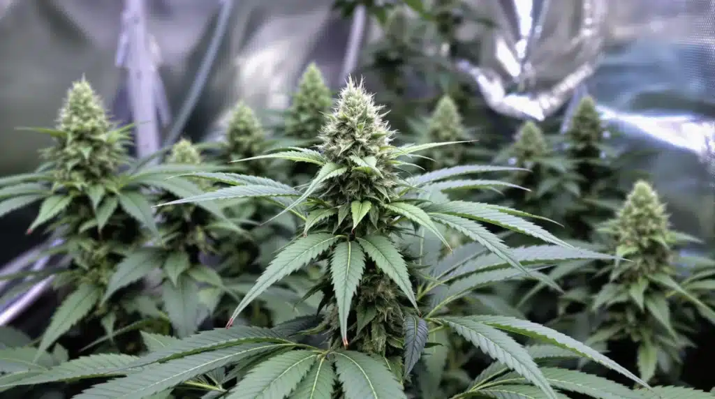 Vibrant cannabis plant in full bloom with large buds and rich green leaves.
