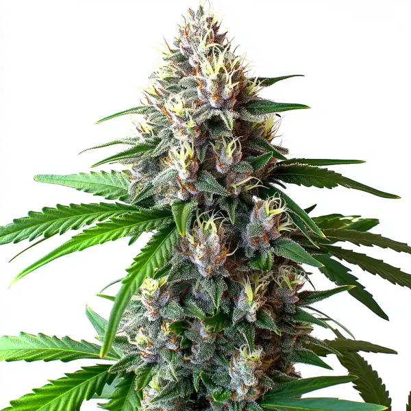 Wedding Cake Autoflower cannabis plant with thick buds covered in resin, green leaves, and orange pistils, showcasing its strong auto-flowering nature.
