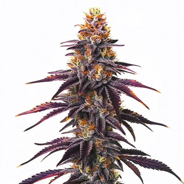 Runtz cannabis strain with purple buds, coated in resinous trichomes and orange pistils, showcasing its frosty and colorful appearance.