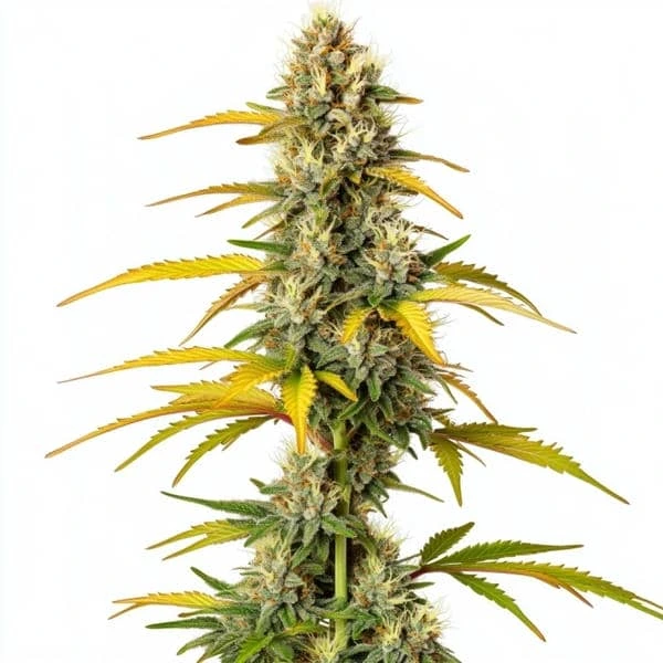 Close-up of a GMO cannabis plant with yellowing leaves and dense, resin-coated buds.