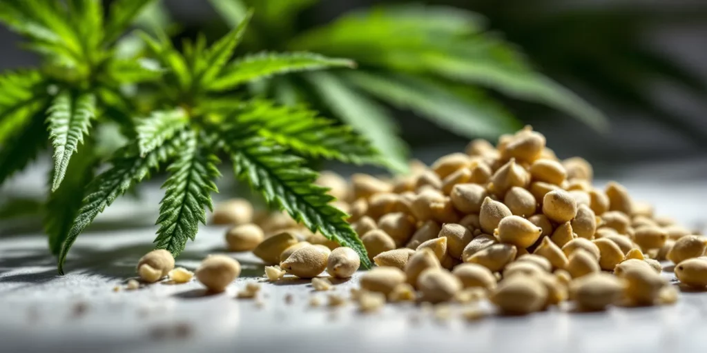 Fresh cannabis seeds beside leaves, showcasing how long cannabis seeds last when stored correctly.