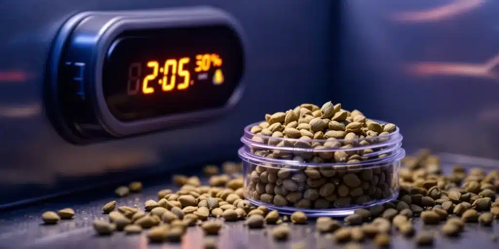 Cannabis seeds placed near a timer displaying optimal storage time, illustrating how long cannabis seeds last under proper conditions.