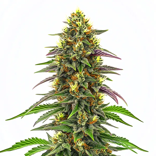 Close-up of a Maui Waui cannabis plant with buds and tropical foliage.