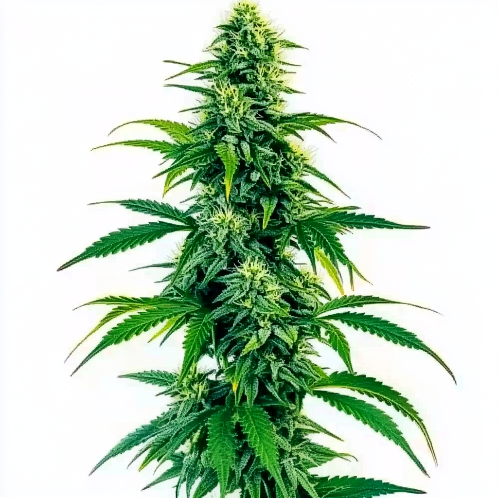 Acapulco Gold Autoflower cannabis plant with tall structure, vibrant green foliage, and dense buds covered in frosty trichomes against a white background