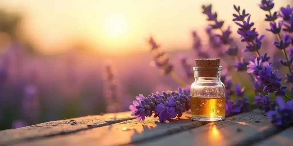 Linalool terpene molecule with lavender flowers and essential oils, representing the application of terpene sprays in marijuana to improve relaxation and scent.