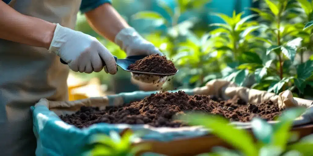 Gardener adding nutrient-rich soil to cannabis plant bed to avoid nitrogen deficiency.