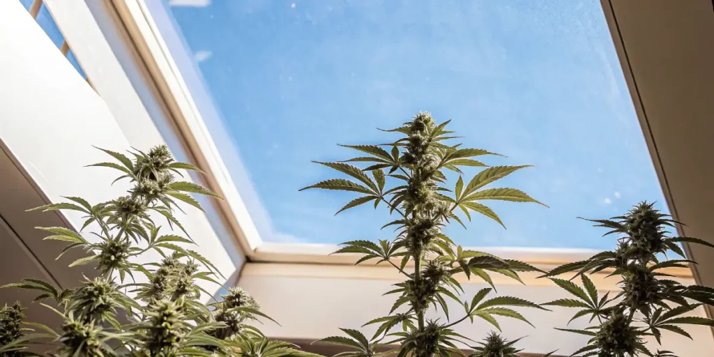 Robust autoflowering cannabis plants with buds, viewed from below against a clear blue sky through a greenhouse roof.