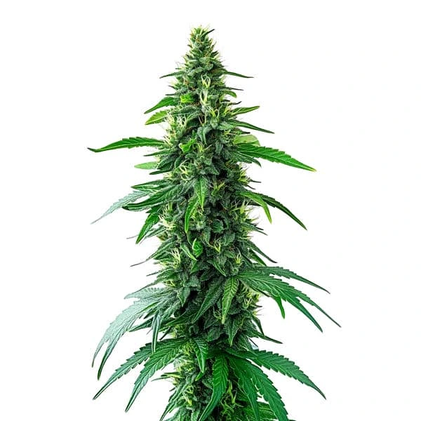 Close-up of Charlotte's Web cannabis plant featuring long, narrow leaves and dense, resin-coated buds.