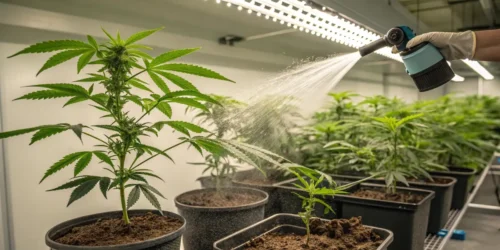 Spraying water on cannabis plants in an indoor grow room