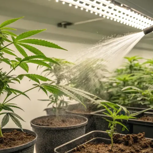 Spraying water on cannabis plants in an indoor grow room