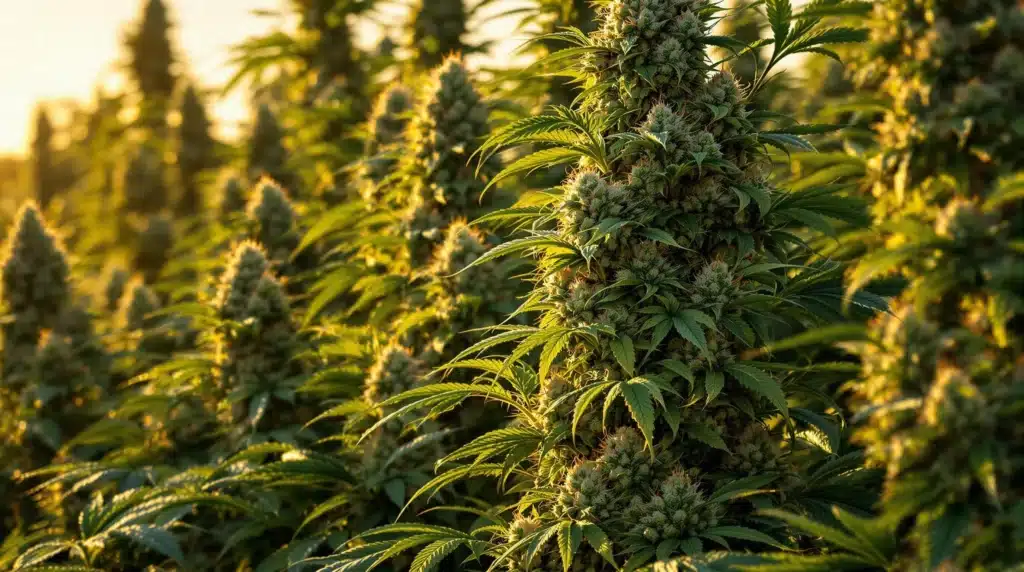 High yield cannabis plants ready for harvest with dense buds and trichome-covered colas.