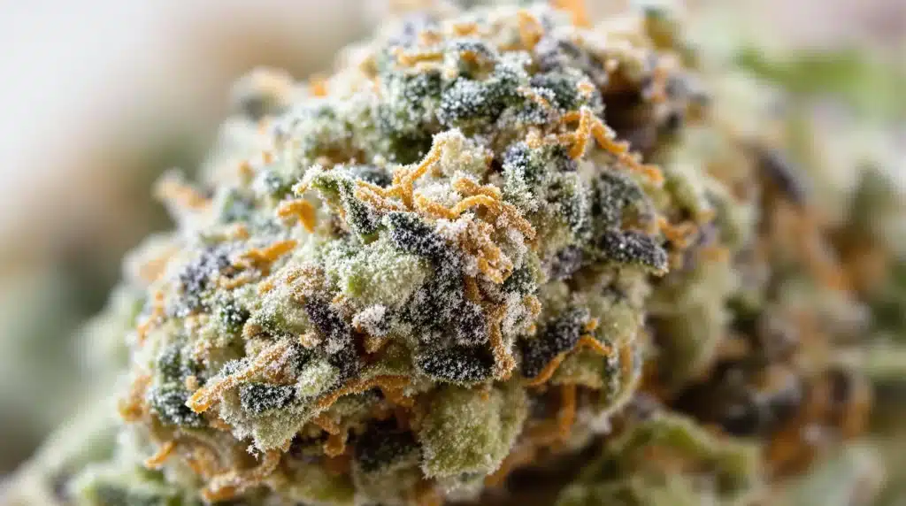 High yield cannabis strain with dense, resinous buds and vibrant orange pistils.