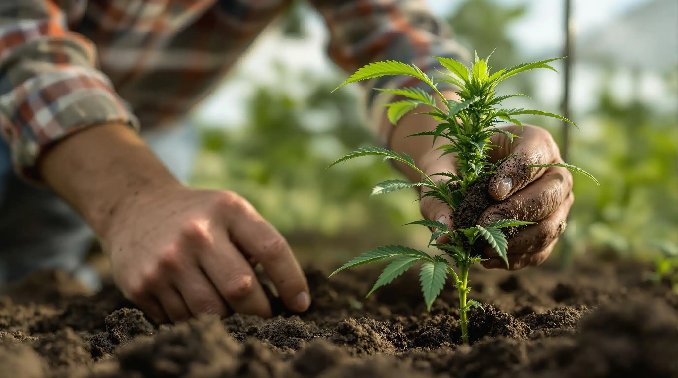 Hands planting a young cannabis seedling into rich soil in a natural outdoor setting.