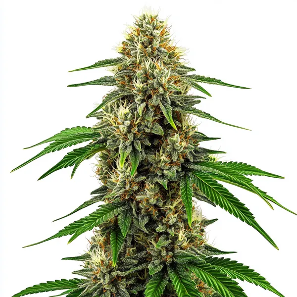 Future #1 Seeds cannabis plant with thick buds covered in trichomes, orange pistils, and lush green leaves, set against a clean white background
