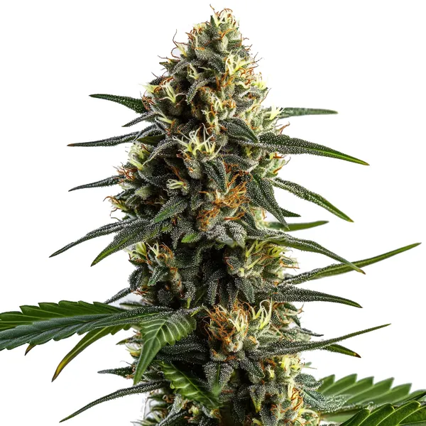 Stoned Panda cannabis plant with dark green buds, orange pistils, and frosty trichomes