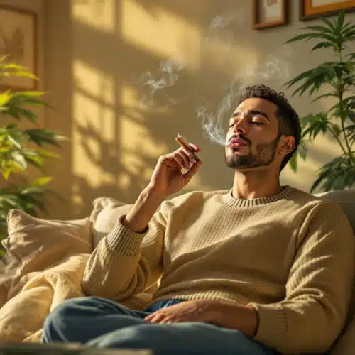Man relaxing on a couch while smoking a cannabis joint in a sunlit living room