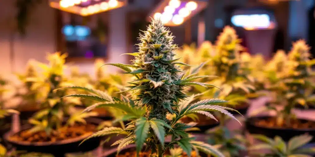Healthy cannabis plant grown from top-quality seeds purchased online under indoor grow lights.