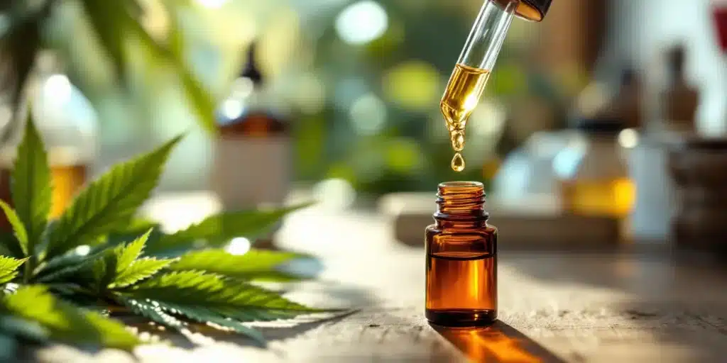 Close-up of CBD oil dropper with amber bottle and cannabis leaf, illustrating what CBD is and its potential uses.