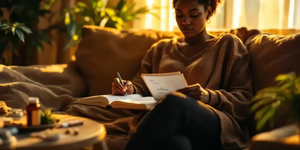 Woman studying documents about ADHD while sitting on a cozy sofa, with medical cannabis products on a table nearby.