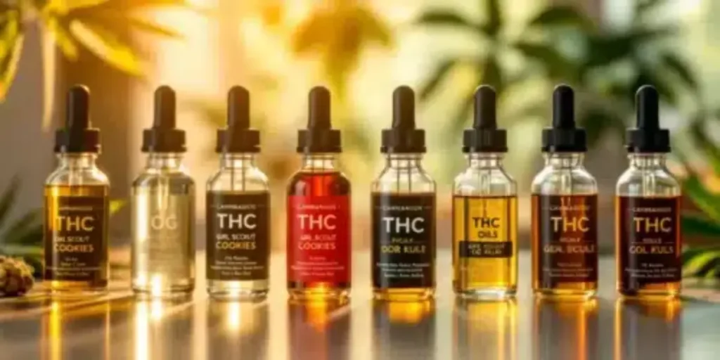 Assorted THC oil tinctures labeled for different cannabis strains displayed on a reflective surface.