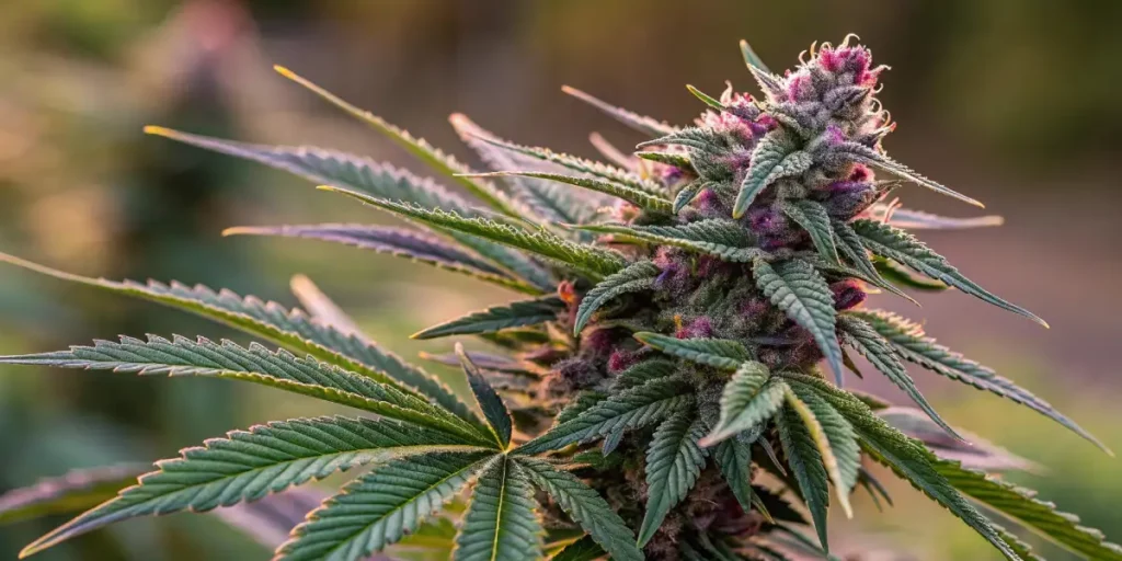 Blue Dream cannabis plant with dense buds and vibrant blue leaves under clear sunlight.