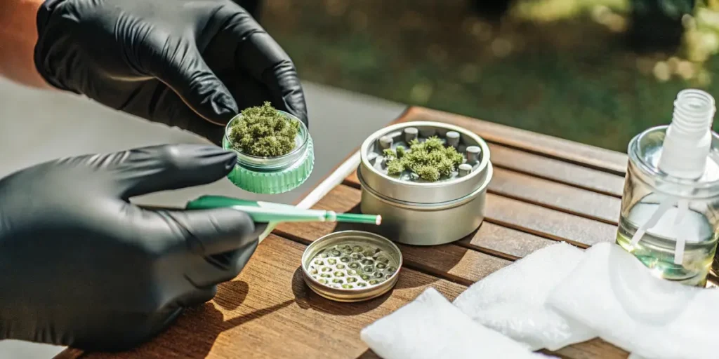 Gloved hands preparing cannabis for a grinder, with accessories on a wooden table.