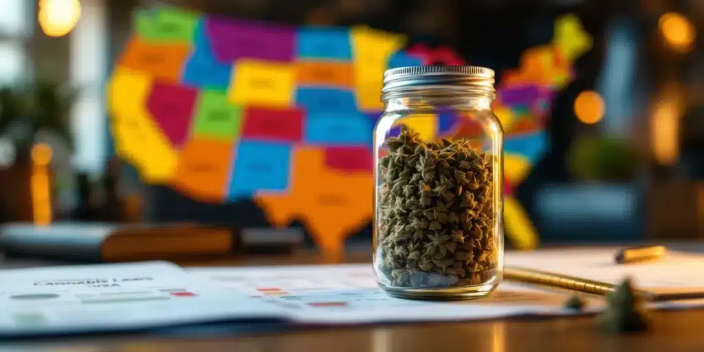 A jar filled with cannabis seeds placed in front of a colorful map of the USA, symbolizing the legality of cannabis seeds across different states.
