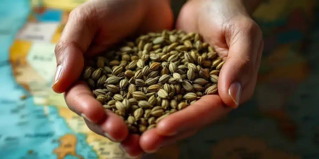 Hands holding a large quantity of cannabis seeds over a map of the USA, highlighting the legal considerations for cannabis seeds in America.