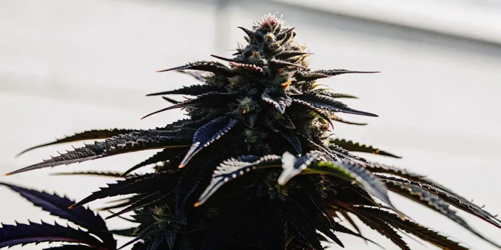Purple-hued cannabis plant with bright pistils against a sunset sky, showcasing healthy foliage.