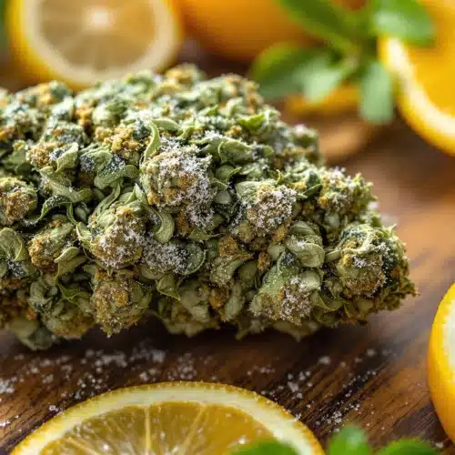 Close-up of frosty cannabis bud with fresh lemon slices and cinnamon sticks on a wooden surface