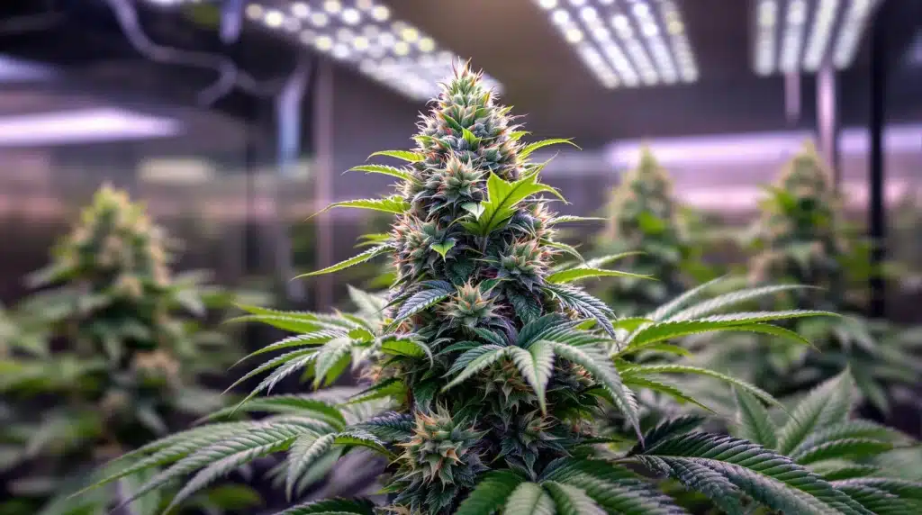 Close-up of a mature cannabis plant with spiky green and orange buds under grow lights.