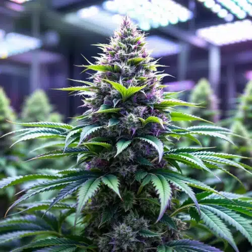 Cannabis plant with vibrant purple buds and lush green leaves under LED grow lights.