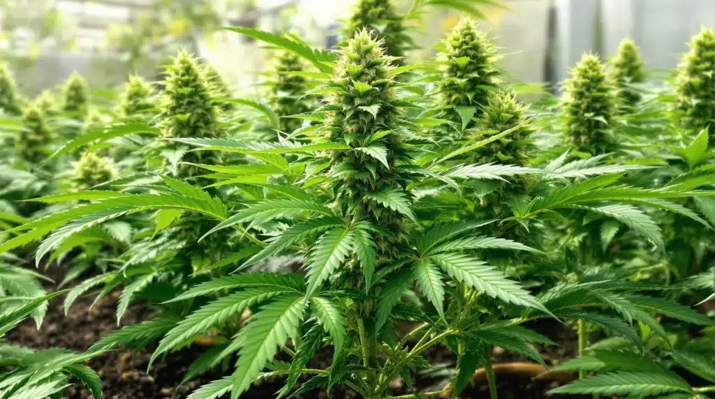 A vibrant row of cannabis plants with lush green foliage and dense colas growing in a greenhouse setup.