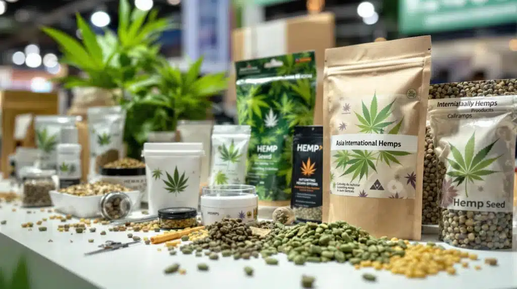 Assorted hemp products, including seeds and packaging, displayed on a white table