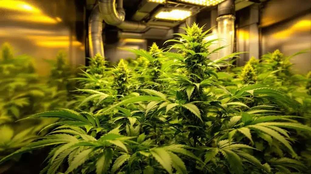 Thriving cannabis plants with large leaves and budding colas under bright indoor grow lights in a controlled environment.