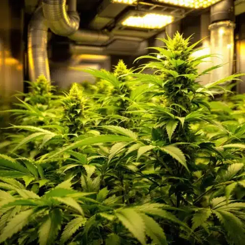 Thriving cannabis plants with large leaves and budding colas under bright indoor grow lights in a controlled environment.